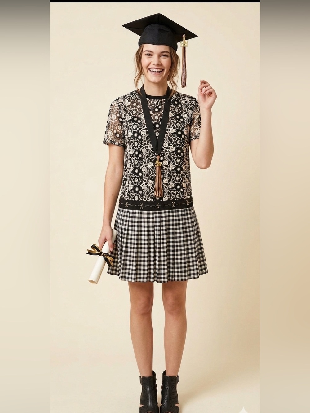 NWT Zara Trafaluc black and white floral lace top and gingham plaid skirt dress